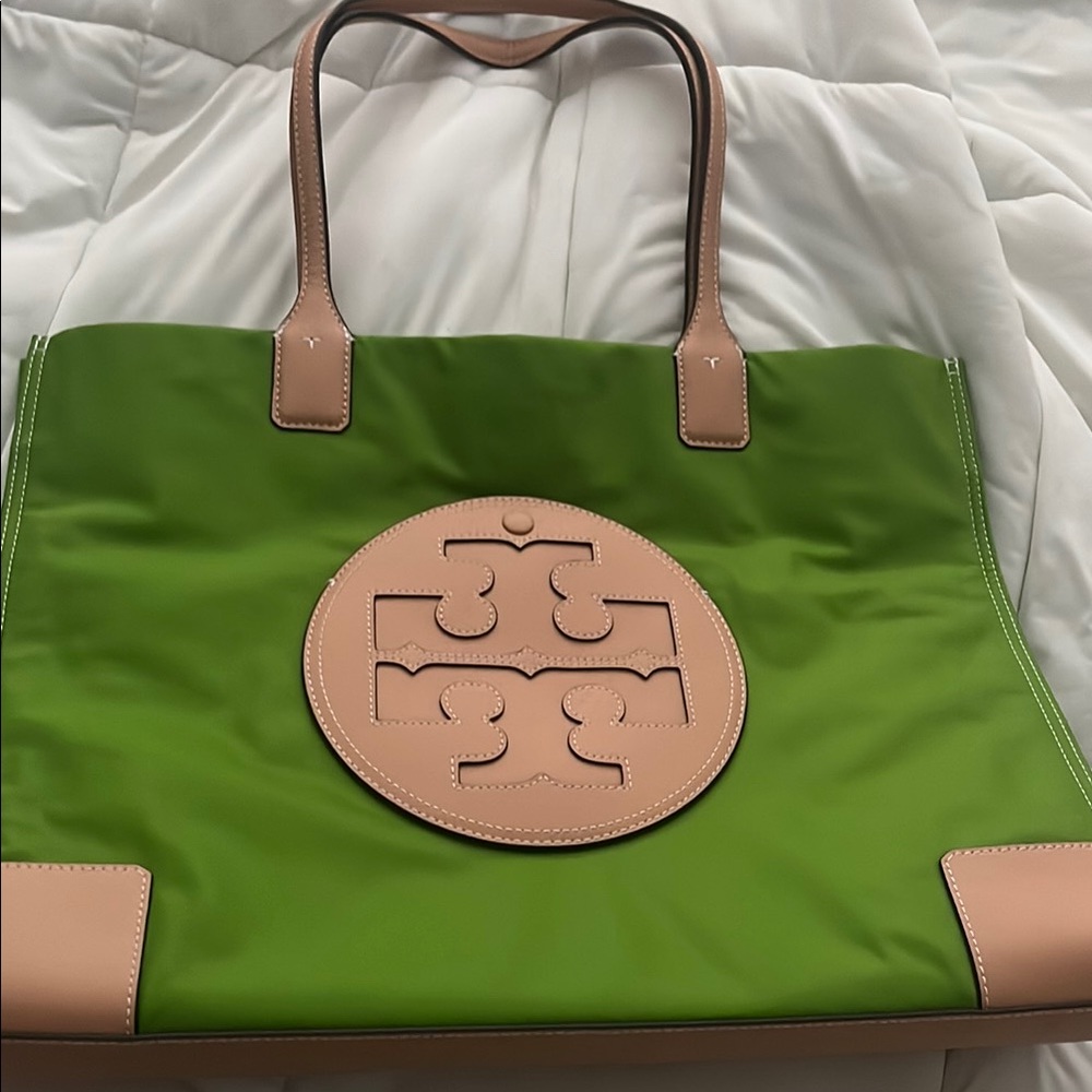 Tory Burch Ella Green Nylon Tote with Tan Leather Trim and Logo